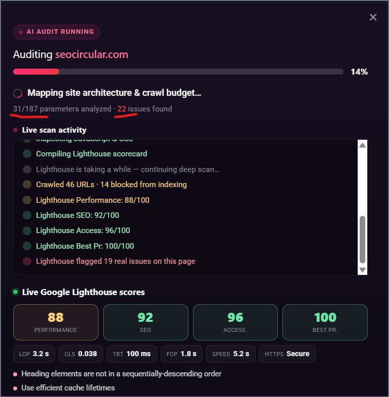 Example Triple Minds website audit report — live scores and prioritised issues