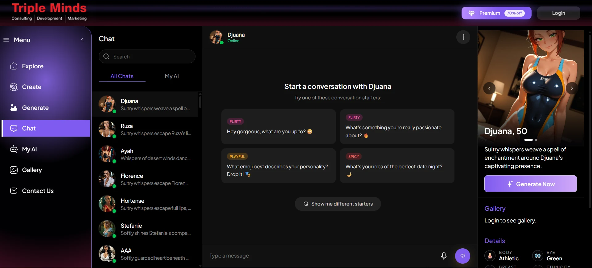 Adult website app screen 1 — AI companion chat interface