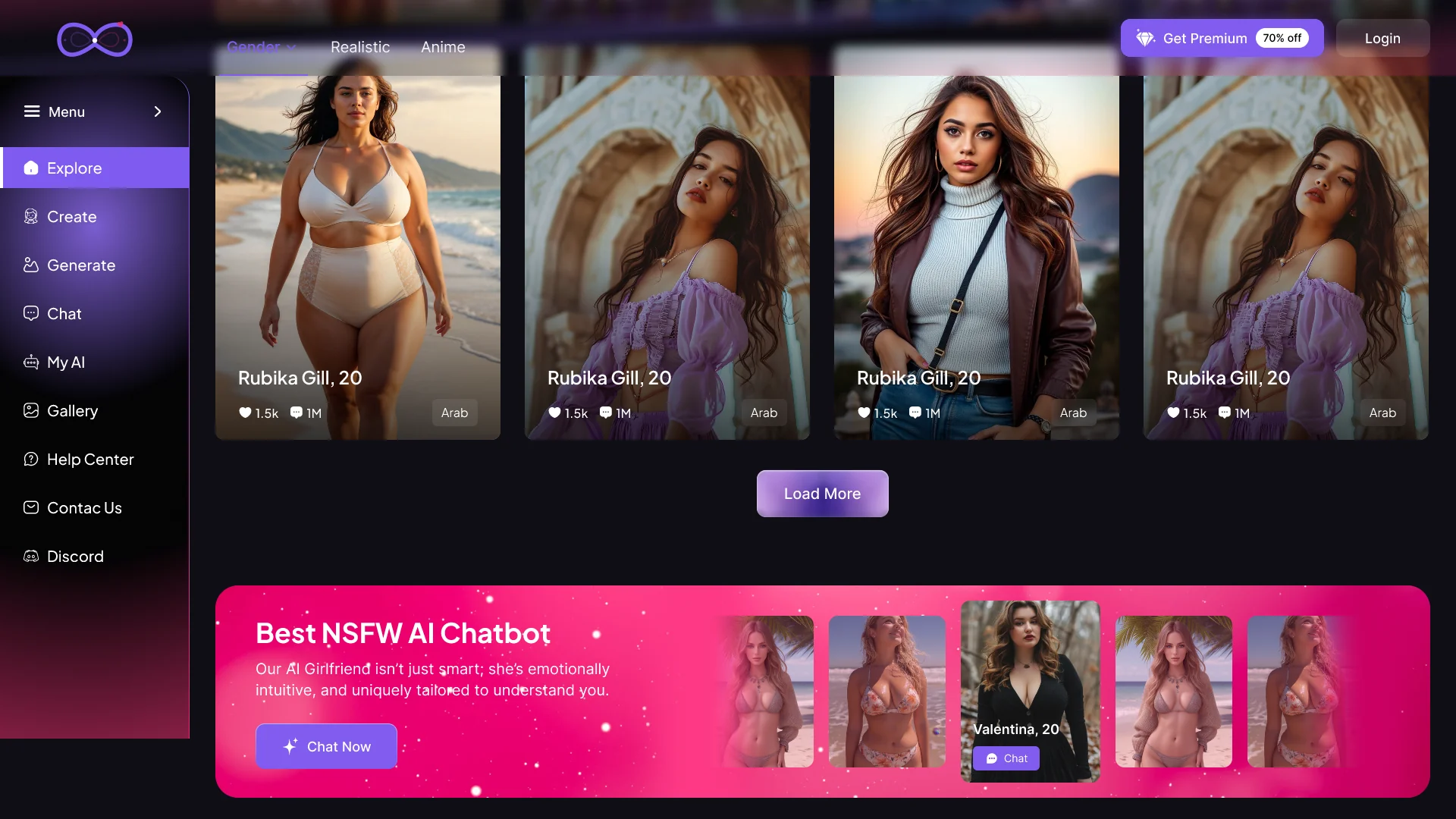 Candy AI clone character gallery — browse AI girlfriend companions with filters and a load-more grid