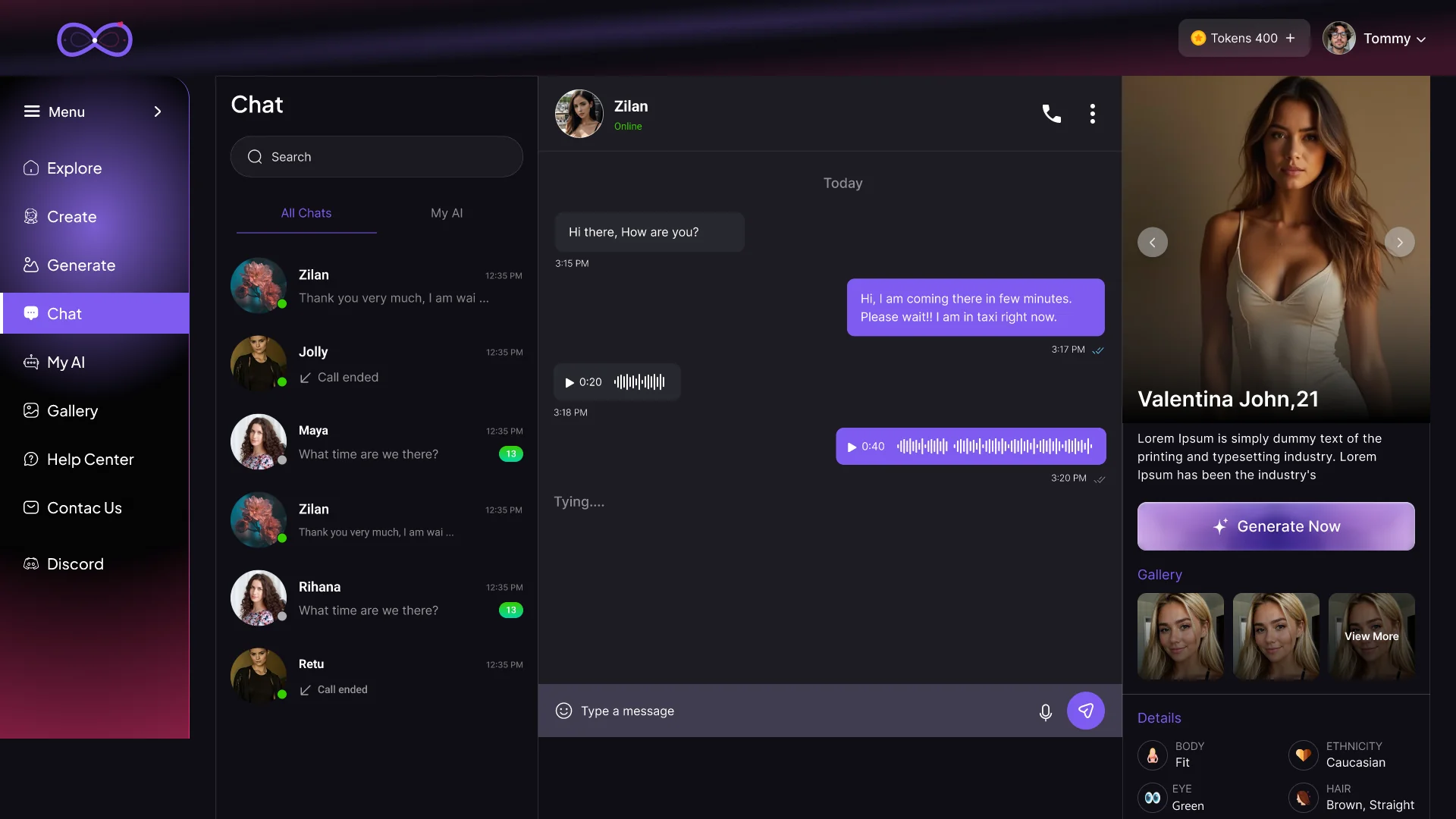 Candy AI clone chat interface — real-time one-on-one conversation with voice messages and a live companion profile sidebar