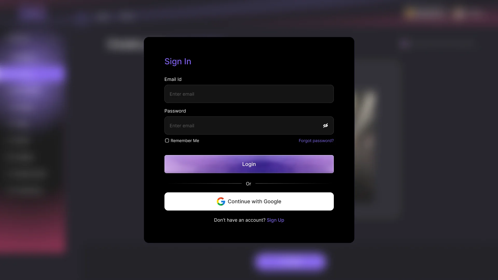 Candy AI clone sign-in screen — email and password login with a Google sign-in option