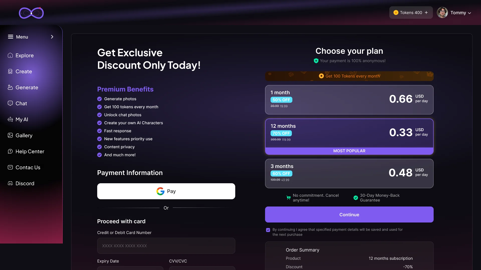 Candy AI clone premium subscription page — tiered monthly plans with a limited-time discount and card payment