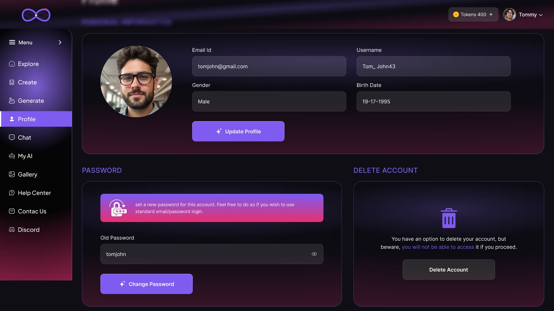 Candy AI clone account settings — edit profile, change password and delete-account controls