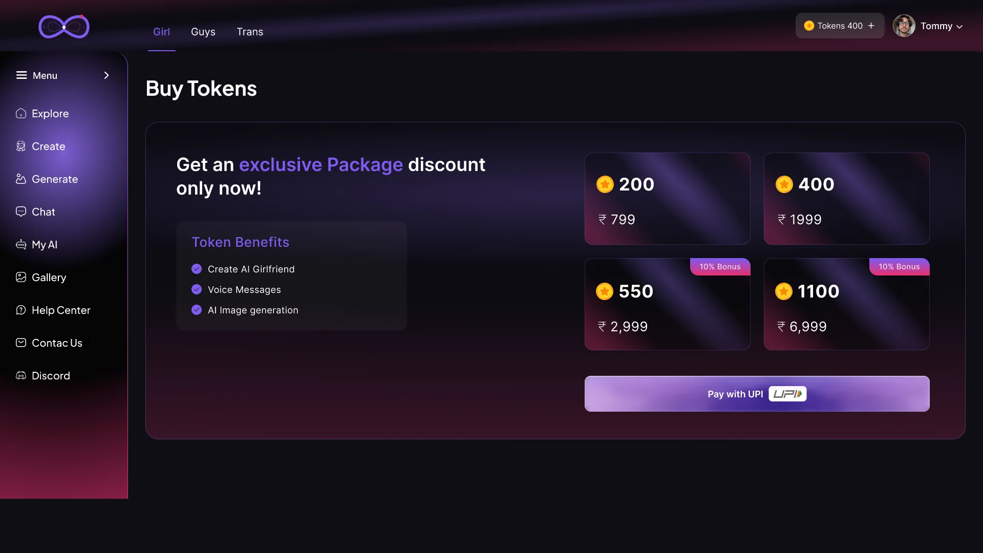 Candy AI clone buy-tokens page — token packages with bonus credits and UPI checkout