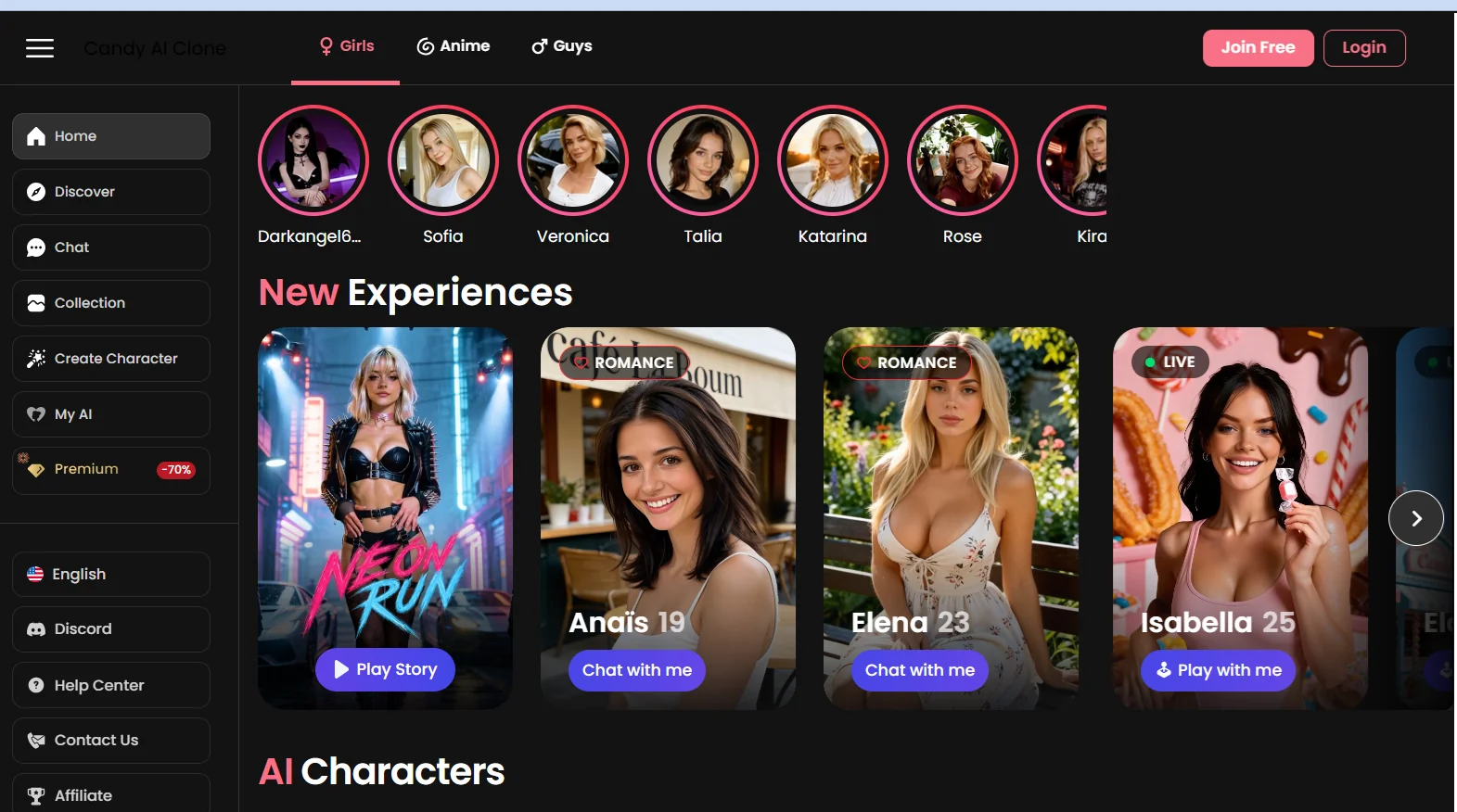 Candy.ai clone home screen — the AI companion platform Triple Minds scaled to a 60% signup uplift in 4 months