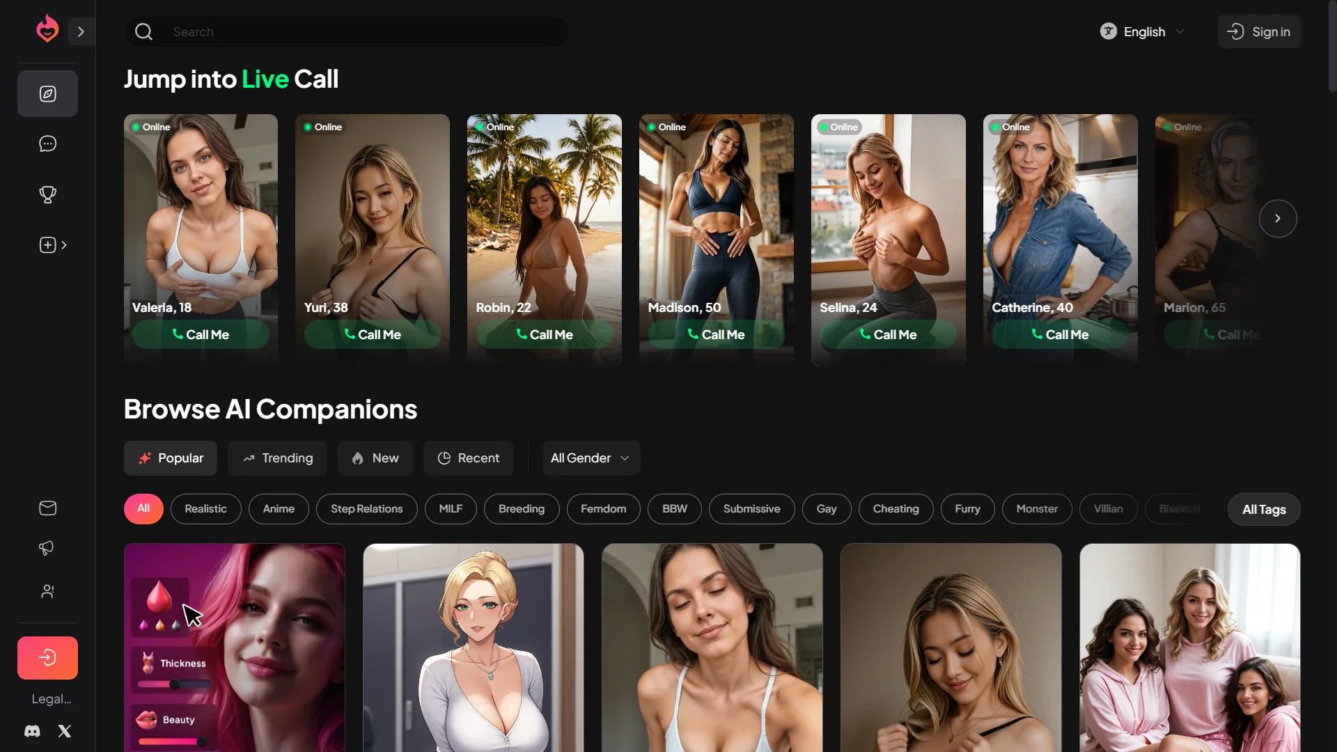 My Dream Companion app screen — live-call and browse-companions UI from the NSFW AI chatbot platform Triple Minds built