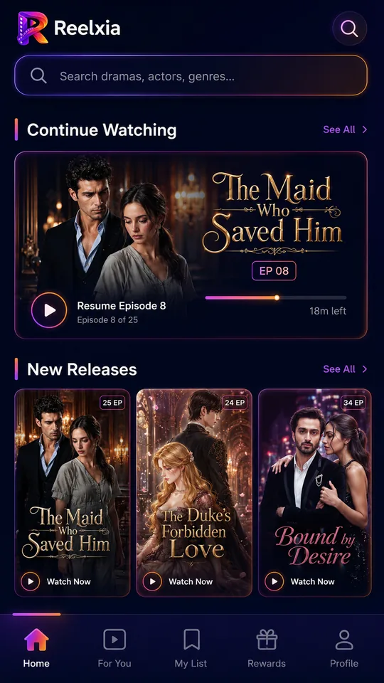 DramaBox clone home screen with continue watching and new releases