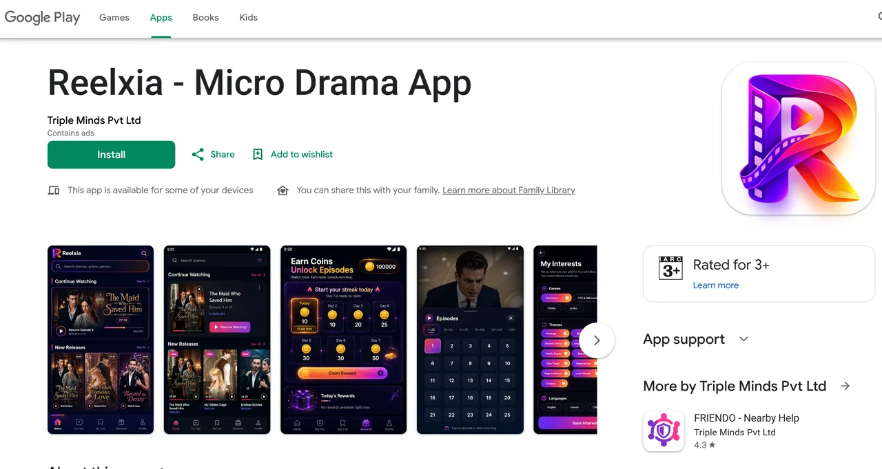 Reelxia Micro Drama App live on Google Play, published by Triple Minds Pvt Ltd