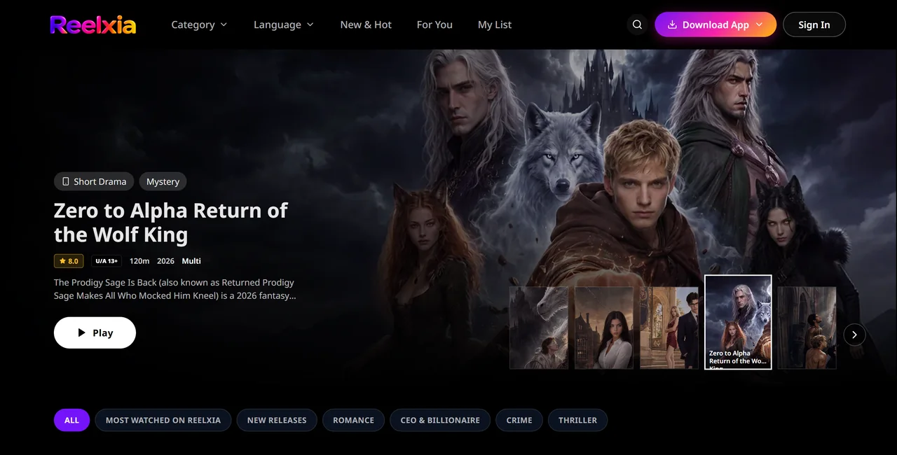 Reelxia web app built on the ReelShort clone platform, showing the featured short drama and category rails