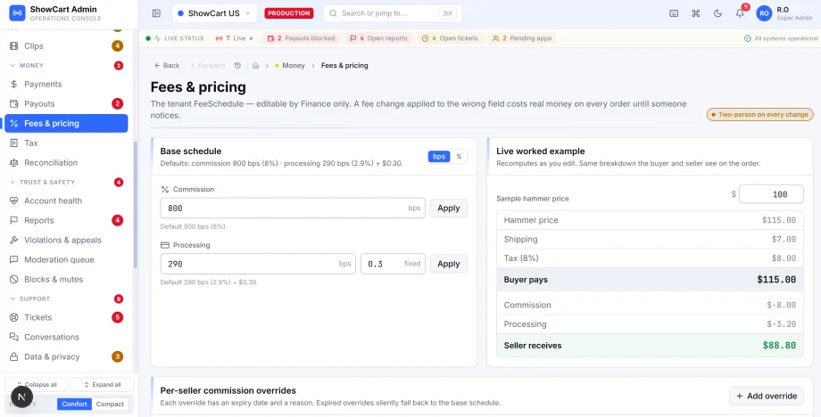 Fees and pricing controls with commission schedule and a live fee breakdown example