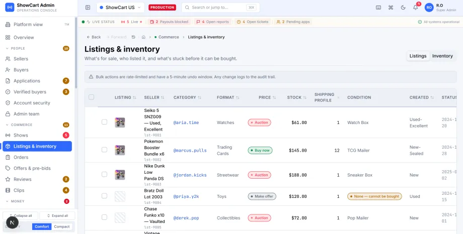 Listings and inventory management across auction, buy-now and make-offer formats