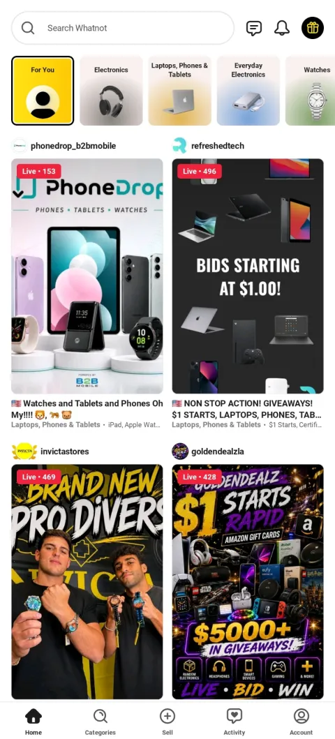 Whatnot clone home feed with live shows and categories