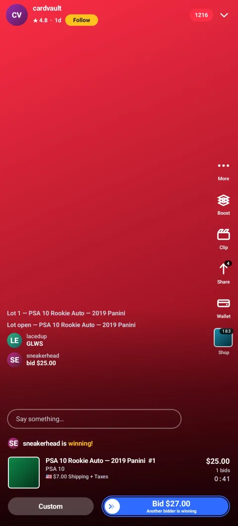 Whatnot clone live auction room with slide-to-bid and chat