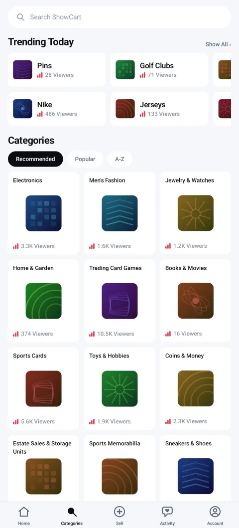 Whatnot clone trending categories with live viewer counts