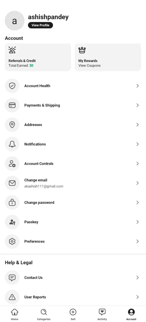 Account screen with account health, payments, addresses, passkey login and privacy controls