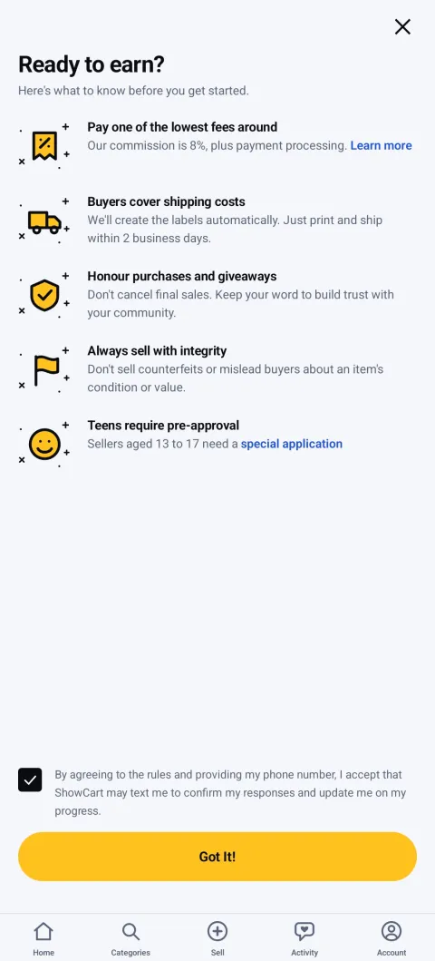 Seller rules screen covering fees, shipping timelines and integrity policies