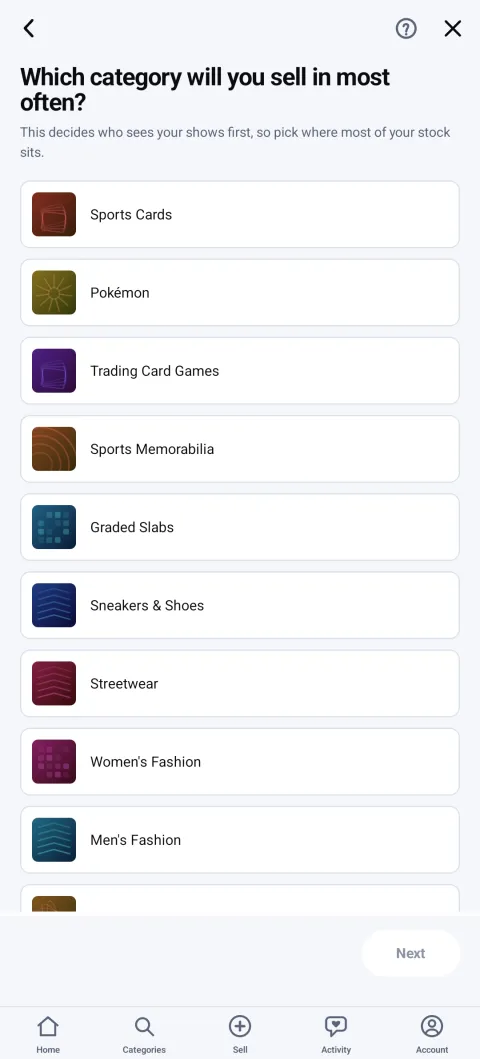 Guided seller application choosing a primary selling category