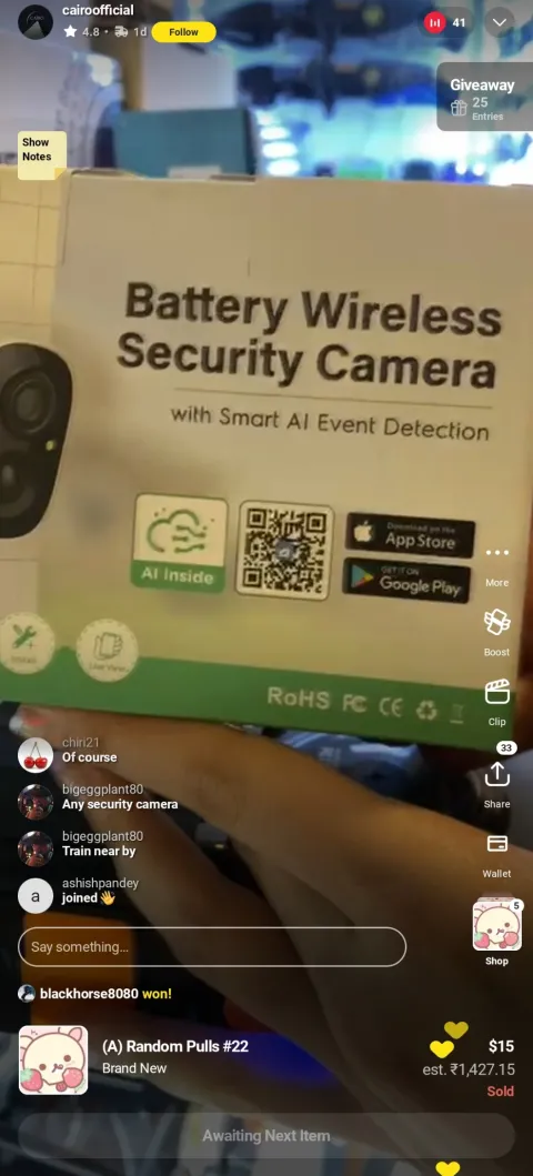Selling on a live stream with product showcase, giveaway entries and instant checkout